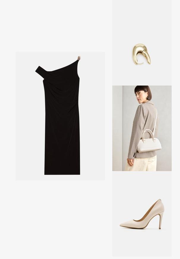Schwarzes einseitiges Kleid aus drapiertem Stoff mit einem goldenen Akzent an der Schulter, glatter Textur und knielangem Design.; Beige High Heel-Pumps, spitze Zehen, glatter Leder-Look, schlanker Stiletto-Absatz, minimalistisches Design mit einem subtilen Rückendetail.; Weiße strukturierte Handtasche mit kurzen Griffen und einem Schultergurt, ausgestattet mit goldfarbenen Hardware-Elementen und strukturiertem Material, vor einem grauen Hintergrund präsentiert.; Ohrringe aus goldfarbenem Metall mit einem schlanken, geschwungenen Design. Sie verfügen über eine markante, spitze Form, eine polierte Oberfläche und einen Scharnierverschluss.