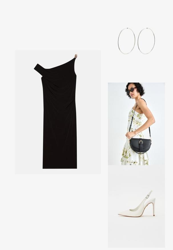 Sort en-skulder kjole lavet af draperet stof med en gylden detalje på skulderen, glat tekstur og knælangt design.; Hvid spid-til toes slingback pumpe lavet af glat læder, med en slank, høj hæl og justerbar spænde-rem. Åben bagdesign.; Sort læderhåndtaske med en buet form, aftagelig rem og guldfinish. Tasken har en klap med en spænde detalje.; Sølvøreringe med en glat, rund design og en poleret overflade. De er tynde og lette, og har en simpel lås.