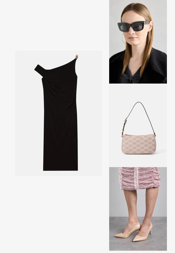 Abito nero monospalla realizzato in tessuto drappeggiato, con un accento dorato sulla spalla, texture liscia e design alla lunghezza del ginocchio.; Tacchi alti in pelle lucida beige con punta affusolata e tacco sottile. Texture liscia con un design elegante. Indossati con un vestito rosa con paillettes.; Occhiali da sole a forma di occhio di gatto neri con lenti scure, montatura spessa e dettagli sottili. Indossati con un cappotto nero e una maglia grigia, con capelli lunghi e lisci.; Borsa a tracolla rosa chiaro con tessuto testurizzato, caratterizzata da un motivo con logo MK su tutta la superficie, chiusura con zip dorata e tracolla regolabile marrone scuro.
