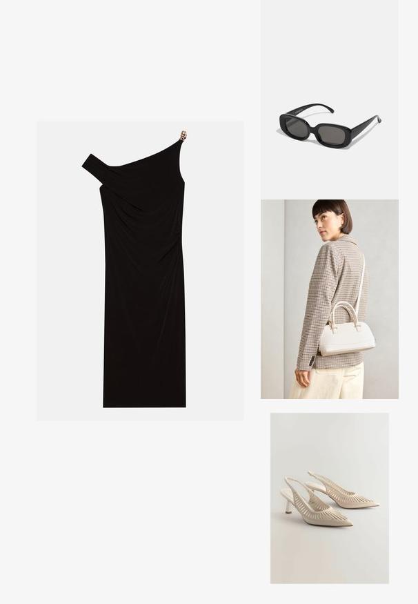 Schwarzes einseitiges Kleid aus drapiertem Stoff mit einem goldenen Akzent an der Schulter, glatter Textur und knielangem Design.; Beige Slingback-Absatzschuhe mit spitzen Zehen, die ein ausgeschnittenes Streifenmuster, geflochtene Details und einen kleinen Blockabsatz aufweisen. Glatte Oberflächenstruktur.; Schwarze rechteckige Sonnenbrillen mit dunklen Gläsern. Dicke Kunststofffassung, glatte Oberfläche und abgerundete Kanten. Modische Bügel verjüngen sich nach außen.; Weiße strukturierte Handtasche mit kurzen Griffen und einem Schultergurt, ausgestattet mit goldfarbenen Hardware-Elementen und strukturiertem Material, vor einem grauen Hintergrund präsentiert.; Set aus fünf goldenen Ohrringen mit unterschiedlichen Designs: gedrehte, gerillte und glatte Oberflächen in Creolen- und Halbmondformen.