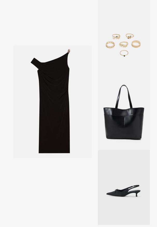 Čierne šaty s jedným ramienkom vyrobené z drapériového materiálu, s zlatým akcentom na ramene, hladkou textúrou a dĺžkou po kolená.; Čierne slingback podpätky s špicatou špičkou, textúrovanou tkaninou, malou mašľou vpredu a skromným kitten podpätkom.; Čierna kožená tote taška s dvoma dlhými rúčkami, hladkým povrchom a štruktúrovaným tvarom. Obsahuje prednú kapsu pre dodatočné uskladnenie.; Sada šiestich zlatých prsteňov s rôznymi dizajnmi: pletené, s listovými motívmi a masívne prstene; niektoré s akcentmi zelených drahokamov.
