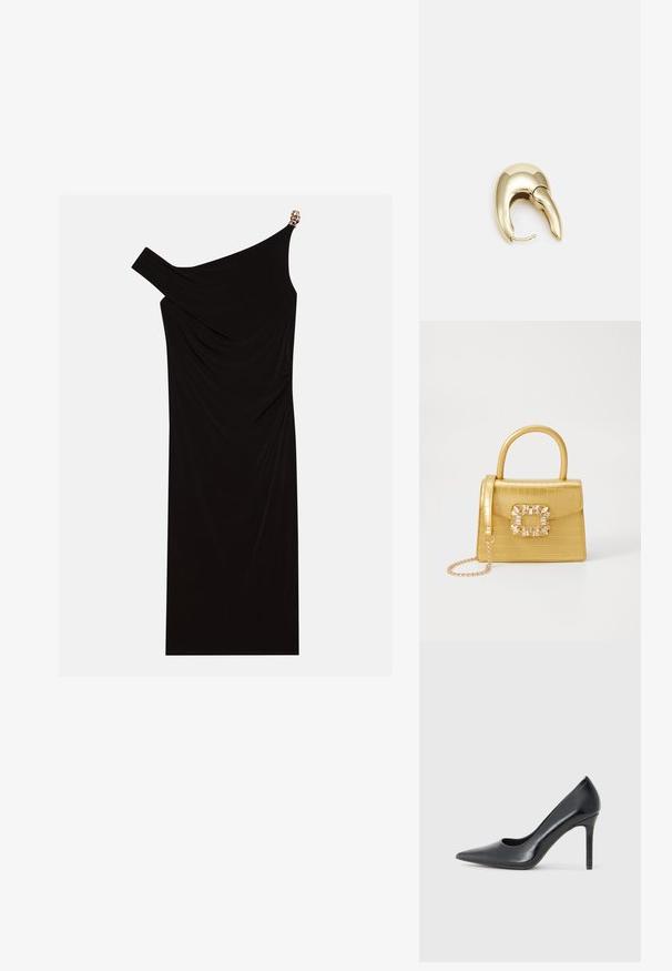 Black one-shoulder dress made of draped fabric featuring a gold accent on the shoulder, smooth texture, and knee-length design.; Black patent leather high heel pump with a pointed toe and a sleek silhouette, featuring a thin stiletto heel and minimalistic design.; Yellow faux-crocodile handbag with a structured design, top handle, detachable chain strap, and decorative crystal embellishment on the clasp.; Gold-tone metal earring with a sleek, curved design. Features a distinctive pointed shape, polished surface, and hinge closure.