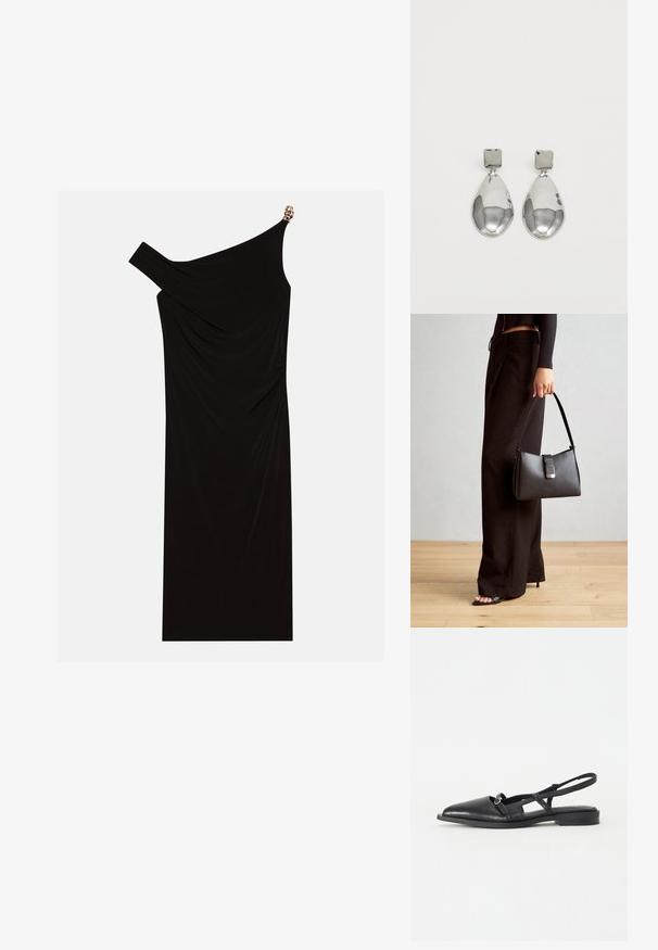 Black one-shoulder dress made of draped fabric featuring a gold accent on the shoulder, smooth texture, and knee-length design.; Black leather slingback shoe with a pointed toe, low heel, cut-out design, and a decorative circular buckle detail.; Black handbag with structured shape, smooth texture, and a metallic clasp. Paired with wide black pants and open-toe sandals on wooden floor.; Silver drop earrings with a square stud, featuring a smooth, polished finish and a teardrop shape, reflecting light with a glossy surface.
