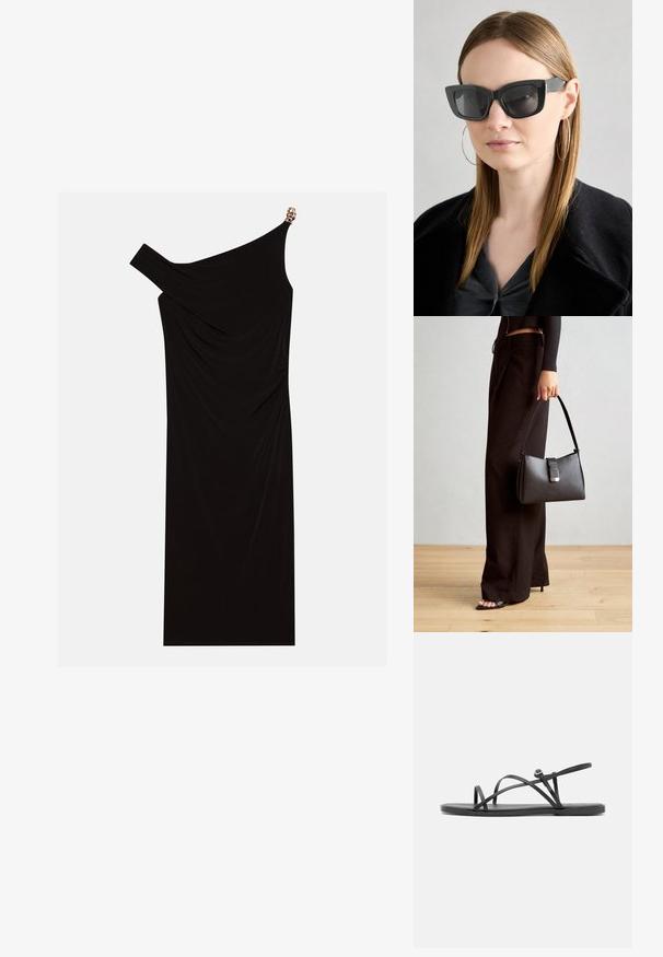 Vestido preto de um ombro, feito de tecido drapeado, com um detalhe dourado no ombro, textura suave e design até ao joelho.; Sandálias pretas planas com tiras finas entrelaçadas, design de bico aberto e sola minimalista. Apresenta um pequeno detalhe de fivela para ajuste.; Óculos de sol pretos em formato de gato com lentes escuras, armações grossas e acentos subtis. Usados com um casaco preto e uma blusa cinza, apresentando cabelo longo e liso.; Bolsa preta com forma estruturada, textura suave e um fecho metálico. Combinada com calças largas pretas e sandálias de salto aberto sobre um chão de madeira.