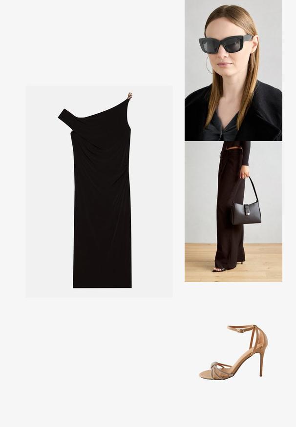 Crna haljina s jednim naramenicom od drapiranog materijala s zlatnim detaljem na ramenu, glatke teksture i kroja do koljena.; Cipele s potpeticom u boji kože, s čvorastim prednjim dijelom ukrašenim rhinestones detaljima i tankim remenom oko gležnja s kvadratnom kopčom.; Crne mačje naočale s tamnim staklima, debelim okvirima i suptilnim detaljima. Nosit će se s crnim kaputom i sivoj majici, s dugom ravnom kosom.; Crna torba s oblikom koji sadrži strukturu, glađu teksturu i metalnu kopču. Uparena s širokim crnim hlačama i sandalama na otvorenom s drvenog poda.