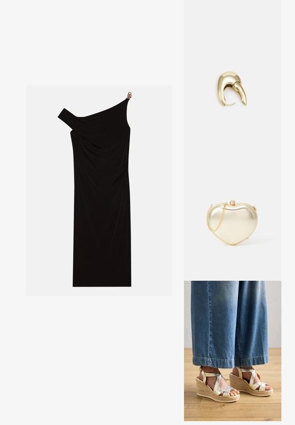 Melna vienas pleca kleita, kas izgatavota no drapēta auduma, ar zelta akcentu uz pleca, gludu tekstūru un līdz ceļgaliem garumu.; Zelta siksnīšu platformas sandales ar austo jutu pamatni. Funkcija plašas krusteniskās siksnas un noapaļota pirkstu daļa. Valkātas ar gaiši ziliem platām džinsu biksēm.; Zelta metāla sirds formas maciņš ar ķēdes siksnu un pērļu aizdari. Gluda tekstūra, kompakta dizaina, lai ērti ievietotu mazās nepieciešamības.; Zeltīti metāla auskari ar gludu, izliekta dizaina. Ar atšķirīgu smailu formu, pulētu virsmu un eņģu aizdari.