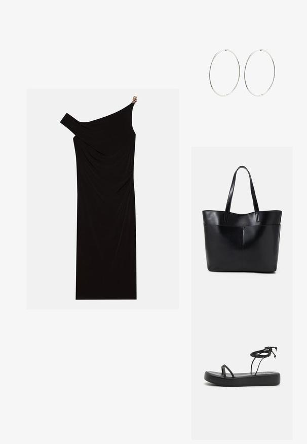 Svart enaxlad klänning i draperat tyg med en gyllen accent på axeln, slät textur och knälängd.; Svarta platta sandaler med bred sula, tunna remmar och en justerbar knytning vid vristen. Slät yta med minimalistisk design.; Svart läder tote-väska med två långa handtag, en slät yta och en strukturerad form. Har en framficka för extra förvaring.; Silverfärgade hoopörhängen med en slät, rund design och en polerad yta. De är tunna och lätta, med en enkel spänne.