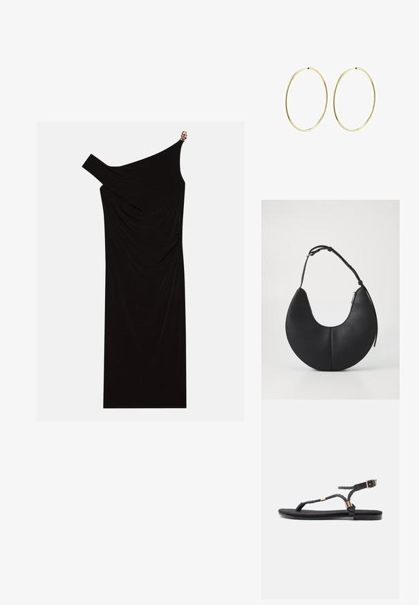 Svart enaxlad klänning i draperat tyg med en gyllen accent på axeln, slät textur och knälängd.; Svarta platta sandaler med flätade remmar och en metallisk detalj. Har en justerbar spänne och platt gummisula för komfort.; Svart läderhandväska i halvmåneform med en slät yta, ett justerbart axelband och ett dragkedjestängning på sidan.; Guldörhängen med en slät, rund design. Tunna och lätta, med en kontinuerlig båge utan några utsmyckningar.