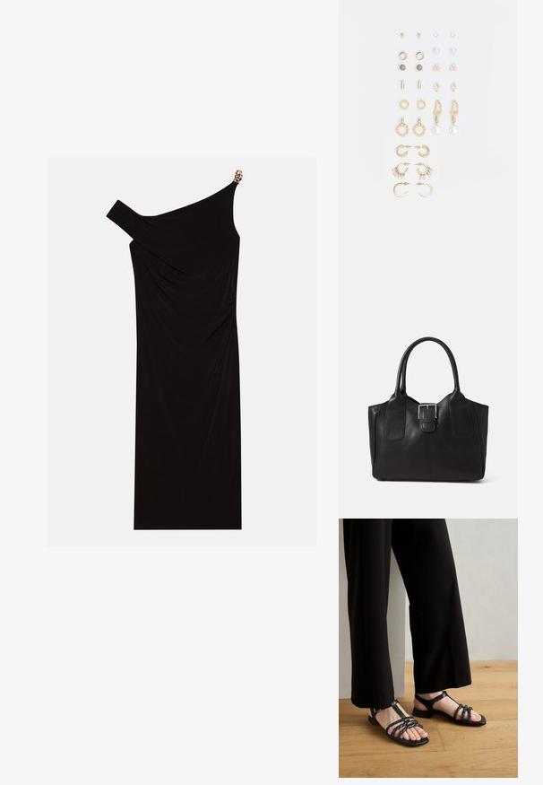 Czarna sukienka na jedno ramię wykonana z drapowanej tkaniny, z złotym akcentem na ramieniu, gładką fakturą i długością do kolan.; Gabor Comfort Sandały; Czarna skórzana torba tote o gładkiej fakturze, usztywnionym kształcie, dwóch uchwytach oraz wyraźnym srebrnym zapięciu na przodzie.; Zestaw kolczyków w kolorze złotym, zawierający różne wzory, w tym klipsy, kółka oraz zwisające elementy z perłami i cyrkoniami.