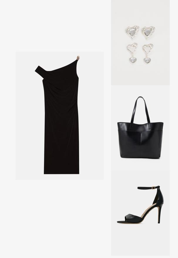 Black one-shoulder dress made of draped fabric featuring a gold accent on the shoulder, smooth texture, and knee-length design.; Black high-heeled sandal with open toe, smooth leather upper, ankle strap with gold buckle, and a beige footbed.; Black leather tote bag with two long handles, a smooth texture, and a structured shape. Features a front pocket for additional storage.; Silver heart-shaped earrings feature faceted clear stones, with a textured frame. The set includes stud and drop styles.