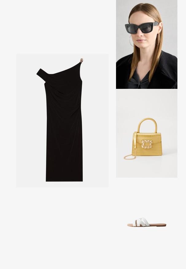 Schwarzes einseitiges Kleid aus drapiertem Stoff mit einem goldenen Akzent an der Schulter, glatter Textur und knielangem Design.; Weiße flache Riemchensandale mit drei überkreuzten Riemen. Weiches, synthetisches Obermaterial und schlichte beigen Sohle. Minimalistisches Design ohne zusätzliche Muster.; Schwarze Katzenaugen-Sonnenbrille mit dunklen Gläsern, dicken Rahmen und subtilen Akzenten. Getragen mit einem schwarzen Mantel und einem grauen Oberteil, dazu lange, glatte Haare.; Gelbe Kunstleder-Handtasche im Krokodil-Look mit strukturiertem Design, Obergriff, abnehmbarem Kettenriemen und dekorativer Kristallverzierung am Verschluss.