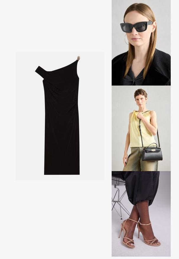 Crna haljina s jednim naramenicom od drapiranog materijala s zlatnim detaljem na ramenu, glatke teksture i kroja do koljena.; Bež sandale s potpeticom, ukrašene kristalima, s otvorenim prstima, tankim trakama i elegantnom siluetom.; Crne mačje naočale s tamnim staklima, debelim okvirima i suptilnim detaljima. Nosit će se s crnim kaputom i sivoj majici, s dugom ravnom kosom.; Crna kožna torba s strukturiranim dizajnom, gornjom drškom i podesivim remenom. Glatka tekstura i detalj s zlatnim kopčanjem.