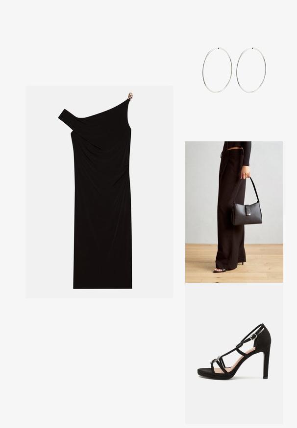 Čierne šaty s jedným ramienkom vyrobené z drapériového materiálu, s zlatým akcentom na ramene, hladkou textúrou a dĺžkou po kolená.; Čierne semišové sandále na vysokom podpätku s prekríženými pásikmi, dekoratívnym strieborným akcentom a platformou pre extra výšku.; Čierna kabelka so štruktúrovaným tvarom, hladkou textúrou a kovovou sponou. V kombinácii so širokými čiernymi nohavicami a sandálmi s otvorenou špičkou na drevenej podlahe.; Strieborné kruhové náušnice s hladkým, okrúhlym dizajnom a lesklým povrchom. Sú tenké a ľahké, s jednoduchým uzáverom.