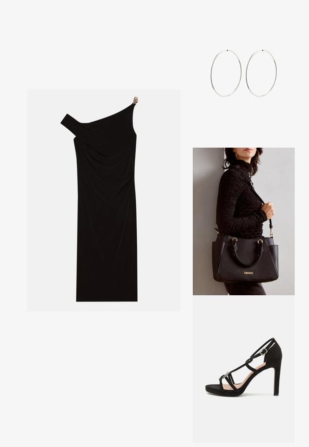 Czarna sukienka na jedno ramię wykonana z drapowanej tkaniny, z złotym akcentem na ramieniu, gładką fakturą i długością do kolan.; Czarne zamszowe sandały na wysokim obcasie z krzyżującymi się paskami, ozdobnym akcentem w kolorze srebrnym i platformą dla dodatkowej wysokości.; Czarna torebka z teksturowanej powierzchni, podwójnymi uchwytami na górze i regulowanym paskiem na ramię. Posiada złote okucia i boczne kieszenie.; Srebrne kolczyki na kółku o gładkim, okrągłym kształcie i wypolerowanym wykończeniu. Są cienkie i lekkie, z prostym zapięciem.