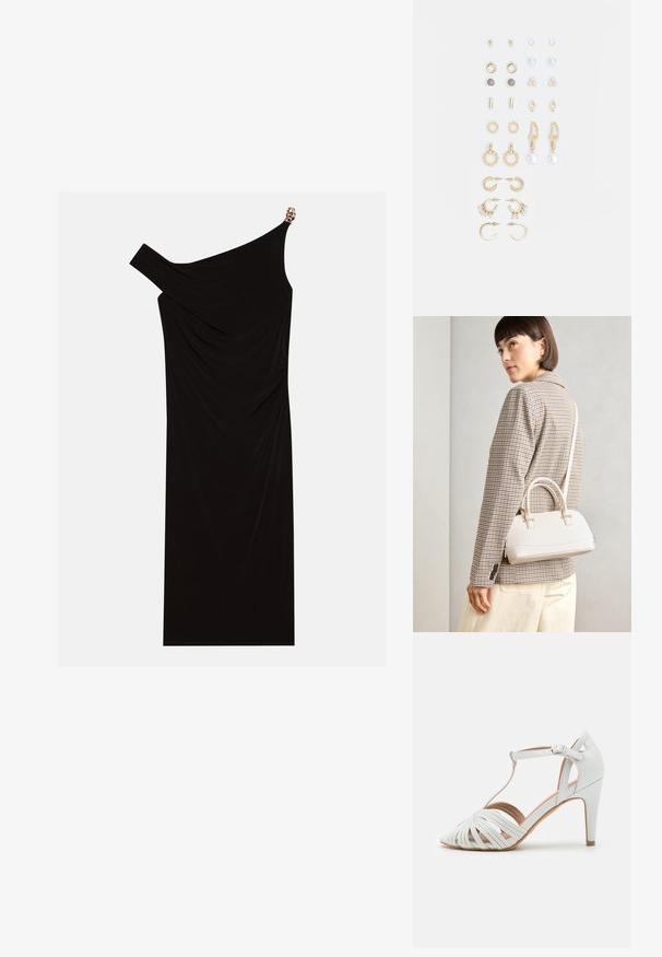 Fekete, egyvállas ruha, drapált anyagból, arany díszítéssel a vállon, sima textúrájú és térd hosszúságú kialakítással.; Fehér magassarkú szandál keresztbe fűzött pántokkal, T-alakú dizájnnal, sima felülettel és hegyes orral. Karcsú sarokkal és csatolható záródással rendelkezik.; Fehér, strukturált kézitáska rövid füllel és vállpánttal, arany színű fém kiegészítőkkel és texturált anyagból, szürke háttér előtt bemutatva.; Arany tónusú fülbevalók szettje, amely különféle mintákat tartalmaz, beleértve a stift fülbevalókat, karikákat és gyöngyökkel és strasszokkal díszített hosszú fülbevalókat.