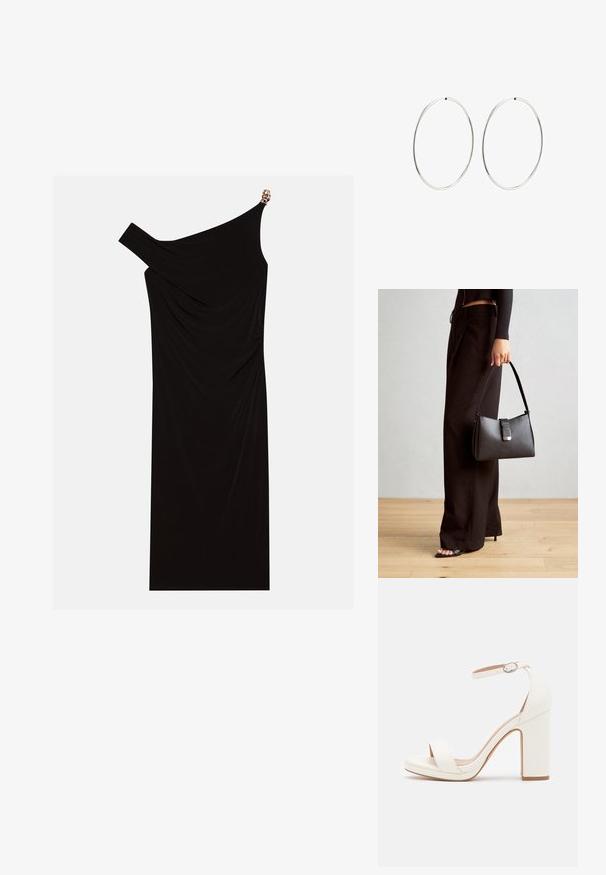 Črna obleka z enim ramenom, izdelana iz drapirane tkanine, z zlatim poudarkom na rami, gladko teksturo in obliko do kolen.; Dolga bela sandala s peto, z minimalističnim dizajnom, odprtimi prsti, blok peto in gladko usnjeno teksturo.; Črna torbica z strukturirano obliko, gladko teksturo in kovinskim zaponko. Ujemajo se z širokimi črnimi hlačami in odprtimi sandali na lesenem tleh.; Srebrne obročaste uhane z gladkim, okroglim dizajnom in poliranim zaključkom. So tanke in lahke, z enostavnim zapiranjem na sponko.