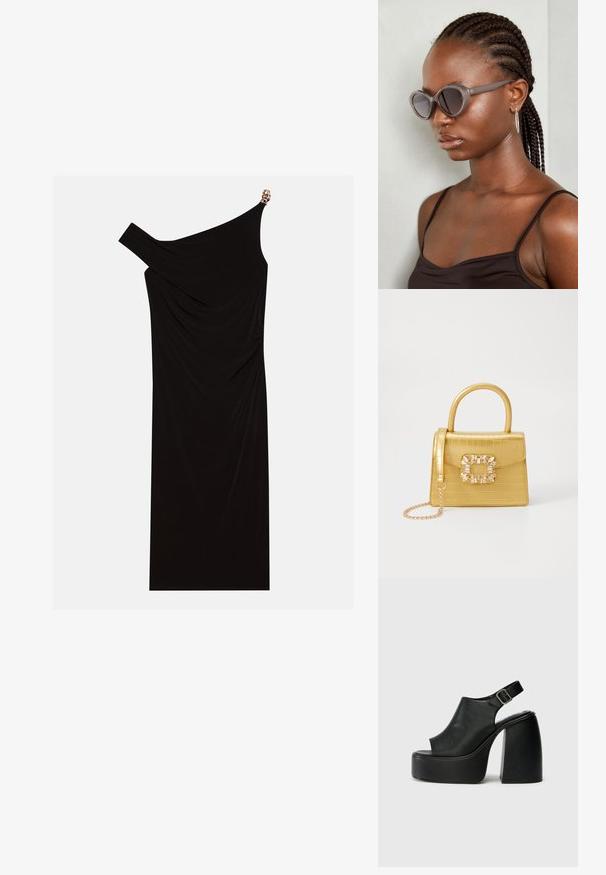 Vestido preto de um ombro, feito de tecido drapeado, com um detalhe dourado no ombro, textura suave e design até ao joelho.; Sandálias plataforma pretas, com abertura nos dedos, design curvado, fita slingback e salto bloco chunky. Textura de pele lisa, estilo minimalista.; Óculos de sol cinzentos de tamanho oversized com uma forma arredondada e lentes escuras. Armação de plástico elegante com um acabamento suave. O modelo tem cabelo trançado.; Bolsa amarela em pele de crocodilo falsa, com um design estruturado, pega no topo, alça de corrente removível e decoração de cristal no fecho.