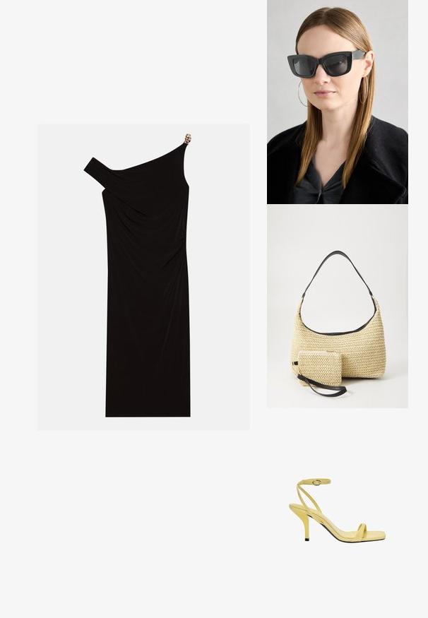 Sort en-skulder kjole lavet af draperet stof med en gylden detalje på skulderen, glat tekstur og knælangt design.; Gule læder slingback højhælede sandaler med firkantet tå, tynd ankelstrop og en glansfuld finish, der har en sort hælaccents.; Sorte katteøje solbriller med mørke linser, tykke rammer og subtile detaljer. Båret med en sort frakke og en grå bluse, med langt, glat hår.; Vævet stråhåndtaske med en buet silhuet, der har en glat sort læderrem og en matching lille pung, der er fastgjort med en håndledsrem.