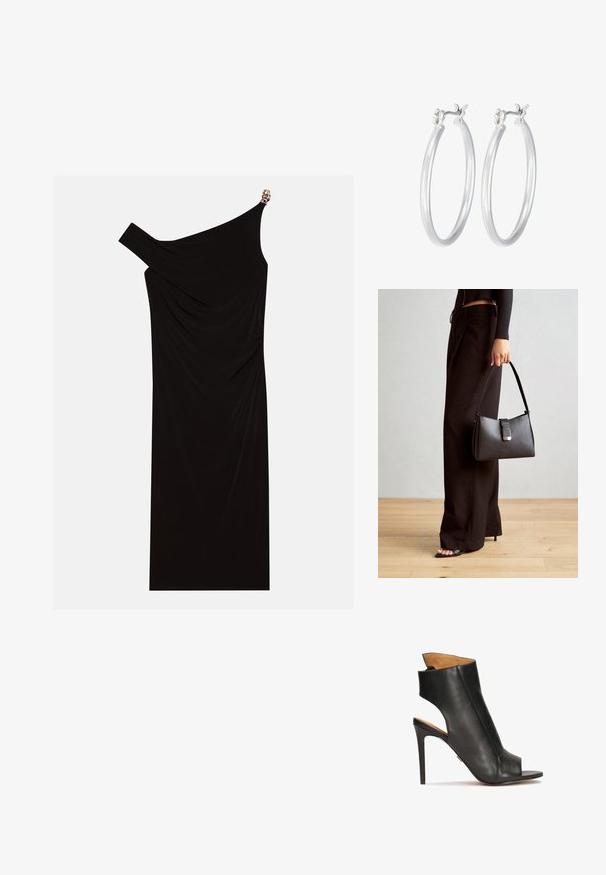 Melna vienas pleca kleita, kas izgatavota no drapēta auduma, ar zelta akcentu uz pleca, gludu tekstūru un līdz ceļgaliem garumu.; Melnas ādas augstpapēžu sūkņi ar atvērtu purngala daļu un izgriezumu dizainu. Iezīmē stiletto papēdi un kontūrveida potītes sadaļu.; Melnā somiņa ar strukturētu formu, gludu tekstūru un metālu sprādzi. Saskaņota ar platām melnām biksēm un sandālēm ar atvērtu purngalu uz koka grīdas.; Sudraba riņķveida auss gredzeni ar gludu, pulētu apdari. Apaļa forma un drošs klikšķa augšējais slēgums. Viegls dizains, kas piemērots ikdienas valkāšanai.