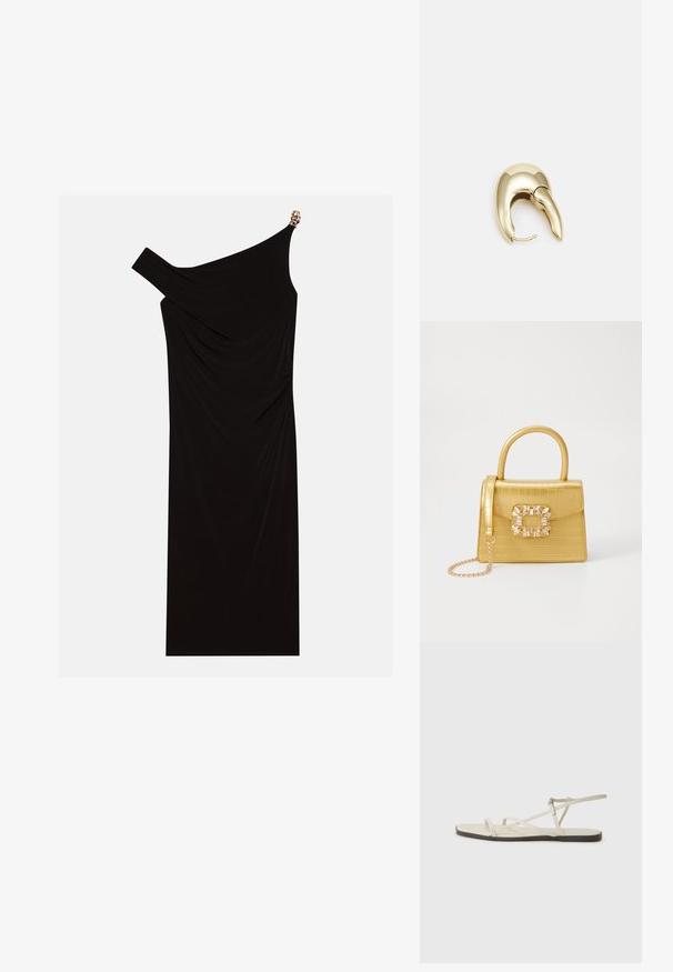 Svart en-skulder kjole laget av drapert stoff med en gyllen detalj på skulderen, glatt tekstur og kne-lengde design.; Beige flate sandal med flere slanke stropper og en justerbar spenne. Sålen er flat med en svak mørk kontrast langs kanten.; Gul faux-krokodille veske med en strukturert design, toppen håndtak, avtagbar kjede stropp, og dekorativ krystallbortsettelse på låsen.; Gullfarget metalløredobber med et elegant, buet design. Har en karakteristisk spiss form, polert overflate og hengsel-lukking.