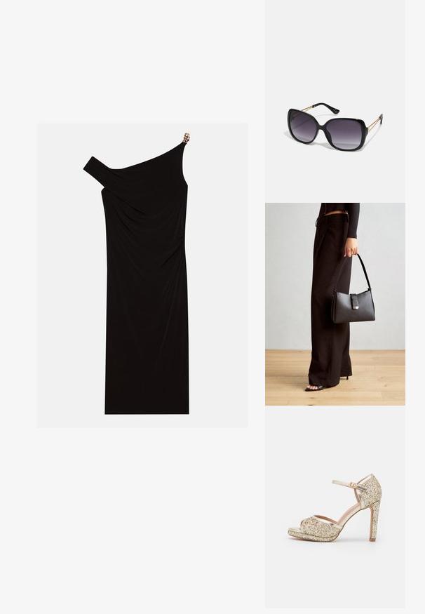 Schwarzes einseitiges Kleid aus drapiertem Stoff mit einem goldenen Akzent an der Schulter, glatter Textur und knielangem Design.; Goldglitzernde High Heel Sandale mit offener Zehe, Knöchelriemen und dickem Plateau. Glatte metallische Akzente verbessern das Gesamtdesign.; Schwarze übergroße Sonnenbrille mit getönten Gläsern, dicken Rahmen und goldfarbener Kettendetaillierung an den Bügeln.; Schwarze Handtasche mit strukturierter Form, glatter Textur und einem metallischen Verschluss. Kombiniert mit weiten schwarzen Hosen und offenen Sandalen auf einem Holzboden.