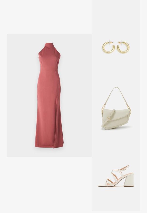 Maxikleid in Staubrosa, Neckholder-Ausschnitt, schmale Passform, aus glattem Stoff mit einem hohen Schlitz auf der linken Seite als zusätzliches Designelement.; Even&Odd Wide Fit Riemensandalette - white; Kleine cremefarbene Handtasche mit strukturiertem Finish, einem langen verstellbaren Tragegurt, einem Kettenakzent und einem Klappenverschluss. Goldene Hardware-Details.; Goldene Creolen mit einer glatten, glänzenden Oberfläche. Zirkuläres Design mit einem kleinen Stecker und einer klaren Rückseite für einen sicheren Sitz.