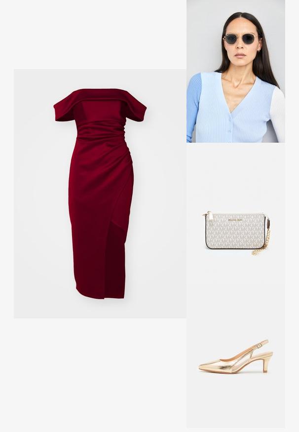 Vestido burdeos off-the-shoulder con textura fruncida, silueta ajustada y abertura lateral, hecho de una tela suave y elástica.; Zapato dorado metálico tipo slingback con punta afilada, tacón bajo y correa ajustable. Textura suave, diseño elegante y lados abiertos.; Gafas de sol redondas con lentes oscuros y montura dorada. El modelo lleva un cárdigan de canalé azul claro con botones y mangas blancas en contraste.; Monedero de muñeca Michael Kors en lona recubierta beige que presenta un patrón repetido del logo MK, herrajes dorados y una correa de cadena desmontable.