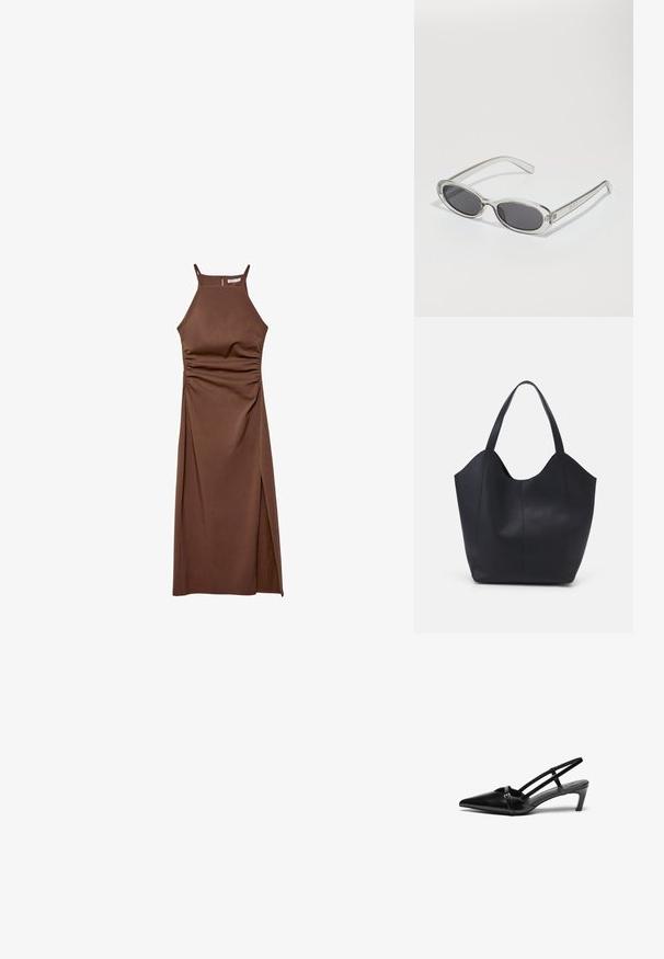 Stradivarius HALTER - Šaty do práce - dark brown; Čierne lakované kožené sandále na opätku s尖ou špičkou, s jedným remienkom a nízkym, štruktúrovaným opätkom. Hladká textura s minimálnymi akcentmi.; Slnečné okuliare oválneho tvaru, s priehľadným plastovým rámom, tmavošedými šošovkami a tenkými priehľadnými ramienkami s logovými akcentmi a minimálnym detailovaním.; Čierna taška s dlhým uchom vyrobená z hladkej kože, s oblým otvoreným vrchom a dvoma ramennými popruhmi, minimalistického dizajnu.; Strieborné kruhové náušnice s hladkým, okrúhlym dizajnom a lesklým povrchom. Sú tenké a ľahké, s jednoduchým uzáverom.