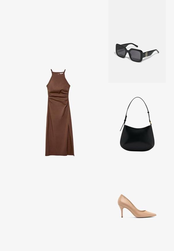 Stradivarius HALTER - Pouzdrové šaty - dark brown; Bežová lodička na vysokém podpatku s špičatou špičkou, hladkým koženým materiálem a štíhlým podpatkem. Jednoduchý design bez viditelných vzorů nebo akcentů.; Černé sluneční brýle s masivním čtvercovým rámem, tmavými skly, lesklým povrchem a zlatým akcentem na spáncích.; Černá kožená taška přes rameno s hladkým povrchem, zakřiveným tvarem a nastavitelným uchem. Má minimální prošívání a jednoduchý design.