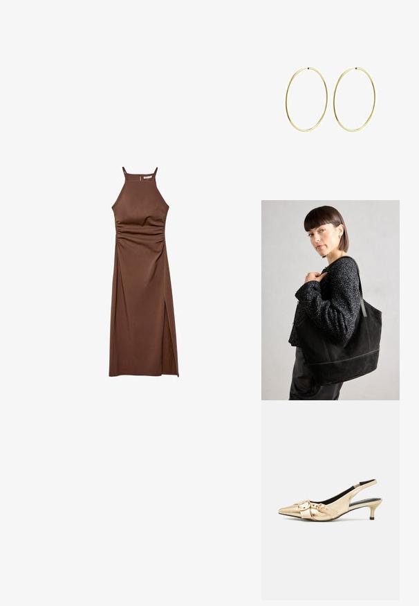 Stradivarius HALTER - Šaty do práce - dark brown; Zlaté kožené sandále na podpätku s ostrým špicom, malým podpätkom a dvoma prackami na priehlavku. Hladká textúra, elegantný dizajn.; Čierna semišová taška so hladkou textúrou, štruktúrovaným tvarom a kontrastným šitím. Obsahuje dlhé popruhy na nosenie na ramene.; Zlaté kruhové náušnice s hladkým, zaobleným dizajnom. Tenké a ľahké, s nepřerušeným okruhom bez akýchkoľvek ozdôb.
