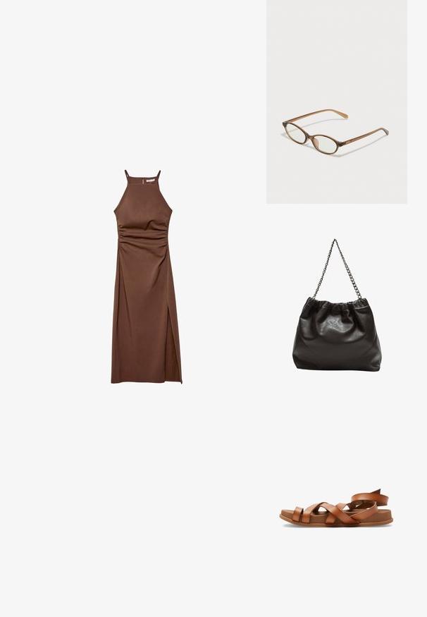 Stradivarius HALTER  - Robe fourreau - dark brown; Sandales en cuir marron avec des brides croisées, semelles plates et talon légèrement surélevé. Texture douce et design minimaliste.; Lunettes en écaille de tortue marron avec des verres ovales, des branches fines et des accents transparents. Présente un logo subtil sur la branche. Design élégant et léger.; Sac en cuir marron avec un haut froncé et une bandoulière en chaîne. Texture lisse avec une finition brillante et des coutures subtiles sur les côtés.