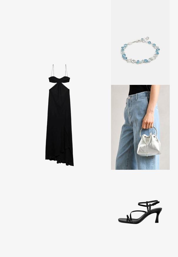 Robe maxi noire avec fines bretelles, détail de nœud au niveau de la poitrine et fente à l'avant. Tissu doux avec une silhouette fluide et un ourlet asymétrique.; Sandales à talons en cuir noir avec des fines lanières, un bout carré et un talon aiguille. Bride de cheville réglable pour un ajustement parfait. Texture lisse.; Sac en seau argent métallique avec une finition texturée, orné d'une poignée ronde en argent et d'une fermeture à cordon, tenu contre un jean bleu clair.; Bracelet en argent avec des pierres précieuses bleues et transparentes de différentes formes, y compris ovales et rectangulaires, liées entre elles par un fermoir de type lobster.