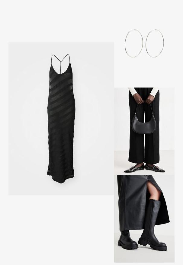 Black maxi dress with a V-neckline and thin straps. Made of sheer fabric featuring horizontal stripes with varying opacity. Slit at the bottom.; Black knee-high boots with a chunk sole, smooth leather texture, side zipper, and minimalistic design, paired with a slit black skirt.; Black leather shoulder bag with a rounded shape, glossy finish, and silver hardware. Person wearing black wide-leg pants and studded loafers.; Silver hoop earrings with a smooth, round design and a polished finish. They are thin and lightweight, featuring a simple clasp closure.