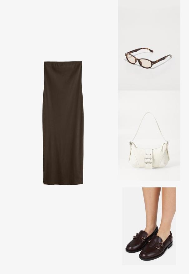 Brąska, do kolan spódnica o kroju ołówkowym, wykonana z gładkiego materiału z elastycznym pasem w talii. Prosty fason, bez widocznych wzorów czy zdobień.; Brązowe skórzane mokasyny z zaokrąglonym noskiem, podwójnymi paskami na cholewce oraz dekoracyjnymi złotymi akcentami po bokach.; Okulary przeciwsłoneczne w kolorze tortoiseshell o okrągłym kształcie i jasnych soczewkach. Posiadają mocne zauszniki z małymi złotymi akcentami, wykonane z materiału plastikowego.; Biała torebka na ramię o fakturowanym wykończeniu, z centralnym akcentem w postaci klamry i zaokrąglonym kształcie. Zapięcia na zamek błyskawiczny po obu stronach.; Trzy metalowe pierścienie ułożone pionowo: górny jest błyszczący złoty, środkowy to szczotkowane srebro, a dolny to polerowane złoto. Wszystkie pierścienie są okrągłe i gładkie.