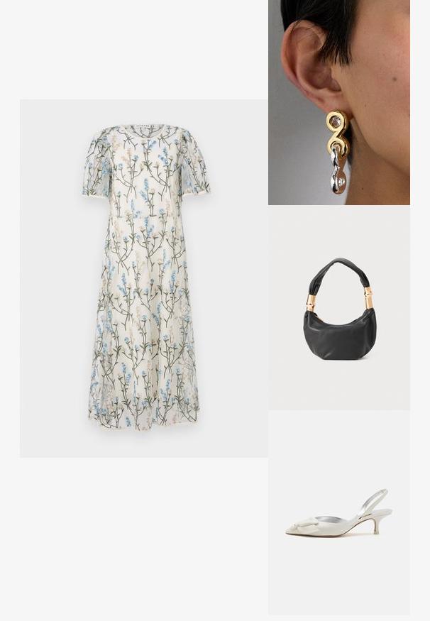 Priesvitné biele šaty s kvetinovým vzorom v modrej a béžovej farbe, krátkymi puff rukávmi a A-liniovým strihom. Dekoratívna výšivka po celom obvode.; Biele kožené lodičky na opätku so špicatou špičkou, dekoratívnou mašľou, striebornou podšívkou a štíhlým ihlovým opätkom.; Čierna kožená kabelka s guľatým tvarom, príjemnou textúrou a uzlíkovou rukoväťou s akcentmi zlatého tónu. Zipsové uzatvorenie.; Zlaté a strieborné náušnice majú slučkový dizajn s akcentom jasného drahokamu, ktorý vyžaruje lesklý metalický povrch a hladké textúry.