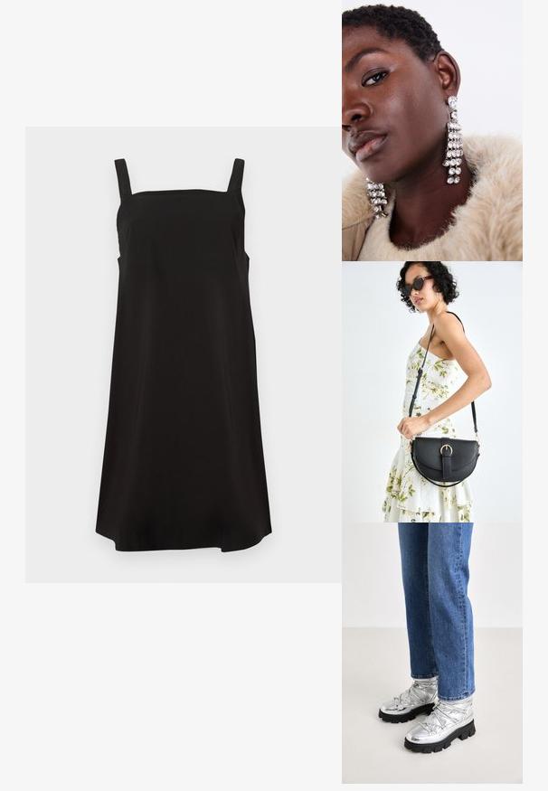 Czarna sukienka bez rękawów o kwadratowym dekolcie, wykonana z gładkiego materiału, charakteryzująca się luźnym krojem i prostym fasonem. Brak widocznych wzorów lub ozdób.; Metaliczne srebrne botki sięgające kostki z wytrzymałą czarną podeszwą, z wyściełanym wierzchem i sznurowadłami, w połączeniu z niebieskimi jeansami o prostym kroju.; Czarna skórzana torebka o zakrzywionym kształcie, z odpinanym paskiem i złotymi akcentami. Torebka posiada klapę z zapięciem w kształcie klamry.; Srebrne kolczyki w kształcie kropli z wieloma przezroczystymi cyrkoniami, charakteryzujące się kaskadowym wzorem i fakturowanymi powierzchniami, na neutralnym tle.