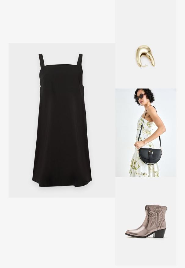 Black sleeveless dress with a square neckline, made from smooth fabric, featuring a loose fit and straight cut. No visible patterns or hardware.; Metallic rose-gold ankle boot with a pointed toe, stitched wing detailing, and a moderate black block heel. Smooth, shiny surface texture.; Black leather handbag with a curved shape, detachable strap, and gold hardware. The bag features a flap with a buckle detail.; Gold-tone metal earring with a sleek, curved design. Features a distinctive pointed shape, polished surface, and hinge closure.