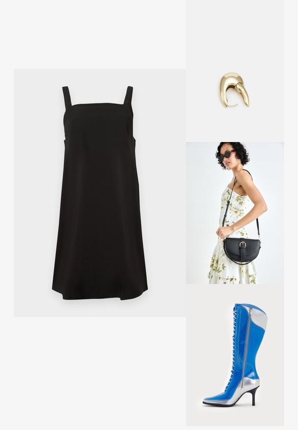 Black sleeveless dress with a square neckline, made from smooth fabric, featuring a loose fit and straight cut. No visible patterns or hardware.; Timberland VENEDA CARTER 14 INCH BOOT - High heeled boots - blue; Black leather handbag with a curved shape, detachable strap, and gold hardware. The bag features a flap with a buckle detail.; Gold-tone metal earring with a sleek, curved design. Features a distinctive pointed shape, polished surface, and hinge closure.