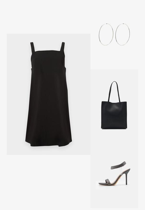 Melnā bezpiedurkņu kleita ar kvadrātu dekoltē, izgatavota no gludas auduma, ar brīvu un taisnu piegriezumu. Nav redzamu rakstu vai aksesuāru.; Melni augstpapēžu sandales ar caurspīdīgu siksniņu, teksturētu virsu un šauru stiletto papēdi. Tam ir plaša priekšējā lente un spīdīgi akcenti.; Melnas ādas somiņa ar gludu tekstūru, taisnstūra formu un divām garām rokturiem. Nav redzamu aparatūras vai rotājumu.; Sudraba riņķa auskari ar gludu, apaļu dizainu un pulētu apdari. Tie ir plāni un viegli, ar vienkāršu aizdari.