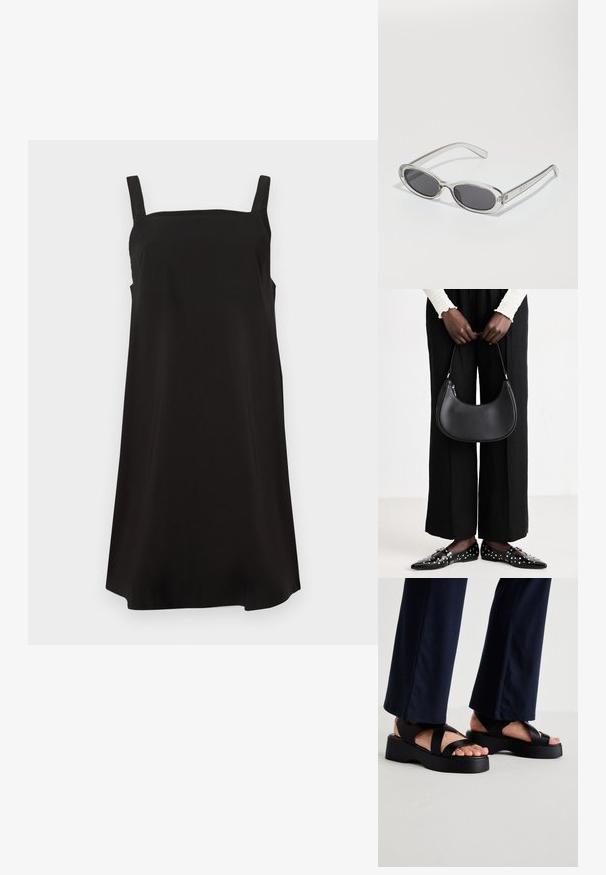 Crna bezrukavna haljina sa kvadratnim dekolteom, izrađena od glatkog materijala, s opuštenim krojem i ravnim rezom. Nema vidljivih uzoraka ili dodataka.; Crne sandale na platformu s širokim ukrštenim trakama i debelim potplatom. Gornji dio je izrađen od glatkog materijala, s otvorenim prstima.; Naočale u ovalnom obliku, okvir od prozirne plastike, tamno sivi leće i tanke prozirne ručke s logotipom i minimalnim detaljima.; Crna kožna torba preko ramena zaobljenog oblika, s sjajnom završnom obradom i srebrnim hardverom. Osoba nosi crne hlače širokog kroja i loaferice sa studovima.