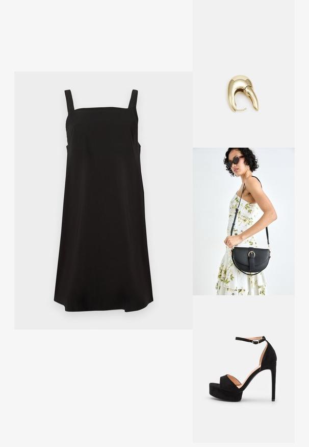 Čierne šaty bez rukávov so štvorcovým výstrihom, vyrobené z hladkej látky, s voľným strihom a rovnými líniami. Žiadne viditeľné vzory ani kovové prvky.; Čierne zamatové sandále na vysokom podpätku s platformou, členkový remienok so strieborným hardvérom, dizajn s otvorenou špičkou a hladkou textúrou.; Čierna kožená kabelka s zaobleným tvarom, odnímateľným popruhom a zlatými doplnkami. Kabelka má klopu s detailom s prackou.; Náušnice z kovu v zlatej farbe s elegantným, zakriveným dizajnom. Majú charakteristický špicatý tvar, leštený povrch a uzáver na pánt.