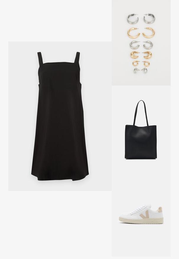 Juoda be rankovių suknelė su kvadratiniu iškirpimu, pagaminta iš lygaus audinio, turinti laisvą kirpimą ir tiesų siluetą. Be matomų raštų ar aksesuarų.; Baltieji sportbačiai su smėlio spalvos zomšos akcentais, apvaliu toe ir baltais raišteliais. Tekstūruota guminė pado dalis ir logotipo detalė kulne.; Juodas odinis tote krepšys su lygia tekstūra, stačiakampio formos ir dviem ilgais rankenomis. Matomų metalinių detalių ar puošybos nėra.; Aštuonių metalinių auskarų komplektas sidabro ir aukso atspalviuose. Apima įvairių formų, tekstūrų ir apdailų žiedinius auskarus, išdėstytus pagal dydį.