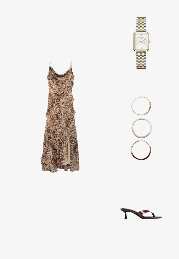 Leopard print dress with a draped design, featuring ruffles along the edges and a thigh-high slit. Made of lightweight fabric with spaghetti straps.; Stradivarius T-bar sandals - brown; Gold and silver metal watch with a rectangular case, white textured dial, two gold hands, and a mix of polished and brushed link bracelet.; Three metal rings stacked vertically: top is shiny gold, middle is brushed silver, bottom is polished gold. All rings are round and smooth.