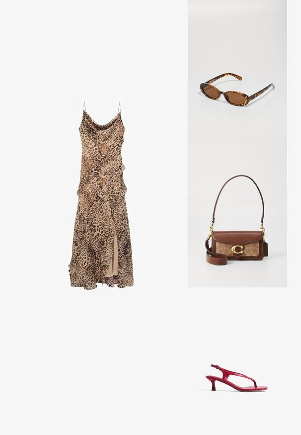 Pletsklædt kjole med draperet design, der har flæser langs kanterne og en hoftehøj slids. Lavet af letvægtsstof med spaghetti-stropper.; Rød, lakeret lædersandal med en tynd tårem og justerbar ankelrem. Har en lav, afsmalnet hæl og flad såldesign.; Skildpadde-solbriller med ovale stel, brune linser og slanke sorte arme med diskrete mønster-indsatser.; Brun læderhåndtaske med en guldfarvet lås, der har en mønstret beige panel. Inkluderer en aftagelig skulderrem og præget logo mærke.