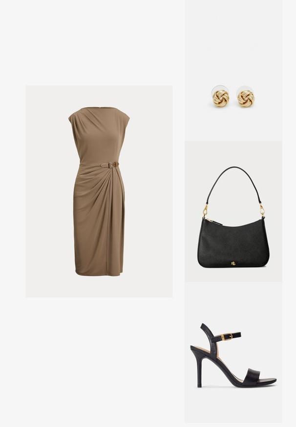 Polvihkoisen, ilman rukdeja olevan mekon, joka on valmistettu ruskeasta kankaasta; siinä on sivupleatti ja kapea vyö suorakulmaisen soljen kanssa lisäyksinä.; Mustat korkokengät, joissa on sileä nahkapinta, avoin kärki ja yksinkertainen hihnadesigni kultabucklella.; Musta nahkainen käsilaukku, jossa on jämäkkä muotoilu, vetoketjusuljenta, irrotettava olkahihna ja kultaiset yksityiskohdat.; Kultaketjut korvakorut, joissa on kierretystä muotoilusta valmistettu solmu. Jokaisessa korvassa on pyöreä, kirkas tausta varman käyttömukavuuden takaamiseksi.