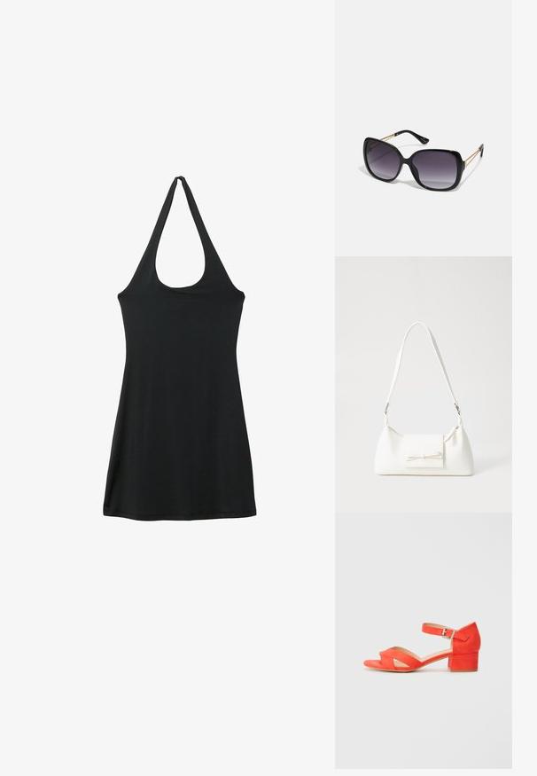 Schwarzes Halterkleid mit tiefem Rundhalsausschnitt und ärmellosem Design. Aus leichtem Stoff gefertigt, hat es eine glatte Textur und eine A-Linie-Silhouette.; Orangene Wildledersandale mit Blockabsatz, ausgestattet mit überkreuzten Riemen und einem Knöchelriemen mit einer silbernen Schnalle. Flache Sohle.; Schwarze übergroße Sonnenbrille mit getönten Gläsern, dicken Rahmen und goldfarbener Kettendetaillierung an den Bügeln.; Weiße synthetische Handtasche in dreieckiger Form, flache Vorderklappe und Schleifendetail, verstellbarer Trageriemen, glatte Textur und minimalistisches Design.