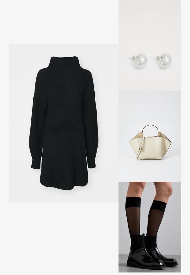 Sweater preto de malha com gola alta, mangas longas e um ajuste descontraído. Tecido texturizado com uma silhueta solta e sem padrões visíveis.; Pernas vestindo meias-transparentes pretas até ao joelho, combinadas com botins pretos de couro brilhante com punhos de tecido canelado, em pé sobre um chão cinza.; Ree Projects ANN - Mala de mão - beige; Brincos de pérola prateada com uma forma curva em feijão. Superfície lisa e brilhante, fixados com uma fecho tipo post e de trás.