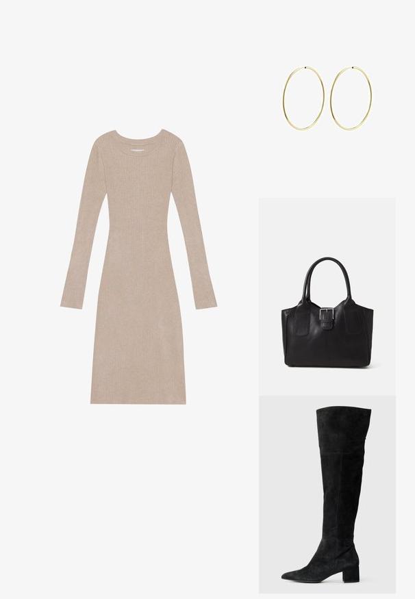 Abito a maglia a coste beige con maniche lunghe, scollo a girocollo, forma aderente e texture morbida. Presenta linee verticali in tutto l'abito.; Stivali sopra il ginocchio in camoscio nero con punta a punta e tacco a blocco. Tessitura liscia con cuciture laterali e design aderente.; Borsa tote in pelle nera con texture liscia, forma strutturata, due manici e un evidente dettaglio in fibbia argentata sul davanti.; Orecchini a cerchio in oro con un design liscio e arrotondato. Sottili e leggeri, con un anello continuo privo di decorazioni.