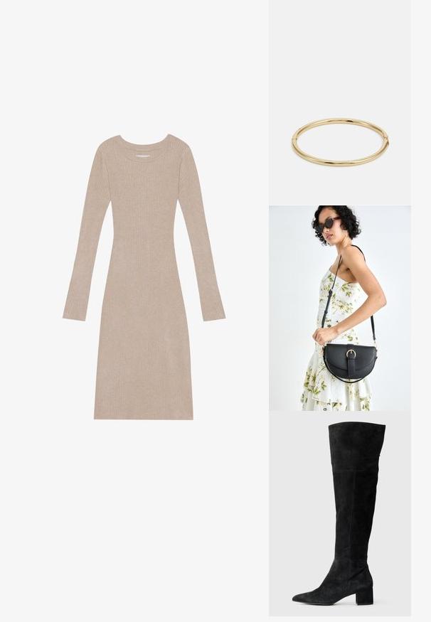 Beige ribbet kjole med lange ærmer, rund halsudskæring, tætsiddende form og blød tekstur. Har lodrette linjer overalt.; Sorte over-knæ støvler lavet af ruskind, med spids tå og blokhæl. Glat tekstur med lodrette sømdetaljer.; Sort læderhåndtaske med en buet form, aftagelig rem og guldfinish. Tasken har en klap med en spænde detalje.; Gul armbåndsarmbånd med en glat, skinnende overflade, der har en rund form og en subtil låsedetalje.