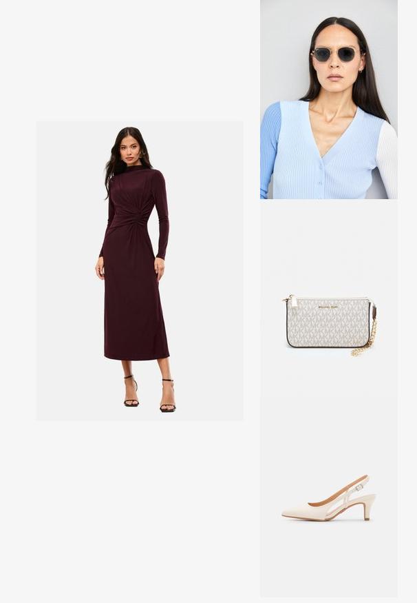 Burgundi pikad varrukad kleit, millel on vöökohtade keerutamise disain, valmistatud siledast kangast, põlvekõrgune, kombineeritud mustade rihmadega kontsakingadega.; Valge slingback konts, terava ninaga, siledast ülemisest materjalist, madala ploki kontsaga ja külgse nähtavusega ning reguleeritava pandla rihmaga.; Ringikujulised prillid tumedate läätsede ja kullast raamiga. Mudel on selga pannud helesinise soonikuga kardigani, millel on nupud ja kontrastsed valged varrukad.; Michael Korsi randmevõru beige kaetud kangast, millel on korduv MK logo muster, kuldne riistvara ja eemaldatav ahelistrap.